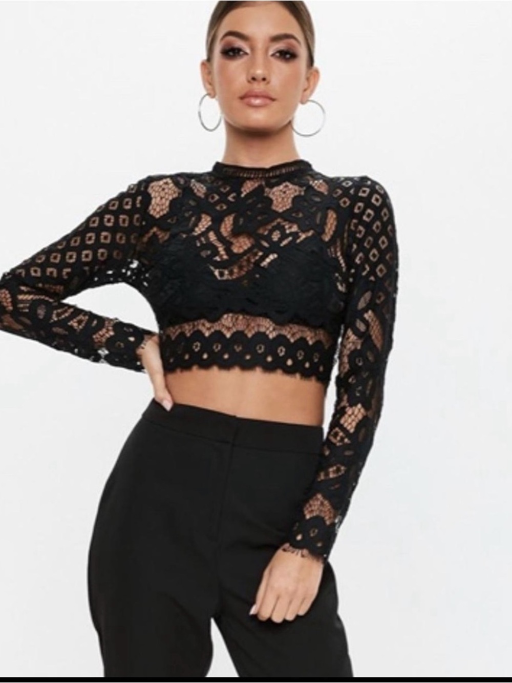 Missguided Black Crochet Lace Long Sleeve Crop Top NWT